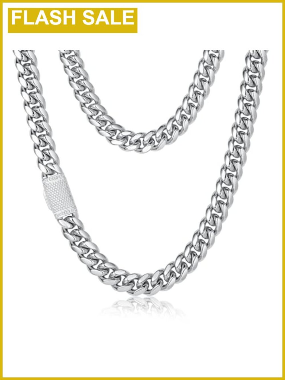 14K White Gold Plated Miami Cuban Link Chain 316L Stainless Steel Necklace
